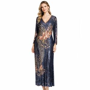 Vintage 100% Silk Hand-Beaded Sequin Long Sleeve Gown.Gold/blue/pink. Size S/M